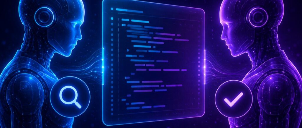 Concept illustration of two different AI models cross-reviewing the same code, representing adversarial AI code review
