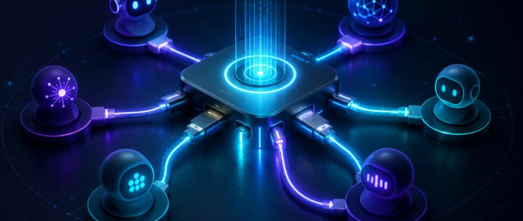 Visual metaphor of the Model Context Protocol acting as a universal connector between different AI coding agents, similar to a USB-C hub